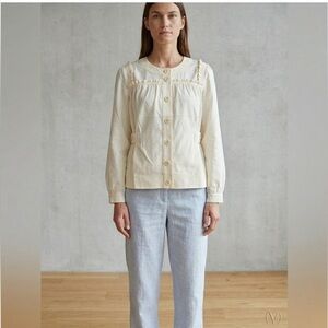 Vertigo Paris Romantic Minimalist Oyster Cream Button Front Jacket Ruffle Yoke